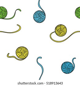 Knitting yarn background. Set of colored balls of wool on white background. Seamless vector pattern. Hand drawn style. Wrapping, package, textile design.