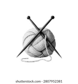 Knitting yarn ball with crossed knitting needles in halftone style. Monochrome craft illustration isolated on white for handmade, hobby, textile, knitting club and DIY design.
