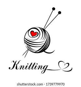 Knitting. Yarn ball with needles isolated on White background. 
Knit. Emblem design. Handmade shop logo. Yarn hand made logo for handmade masters. Love of knitting. Vector illustration