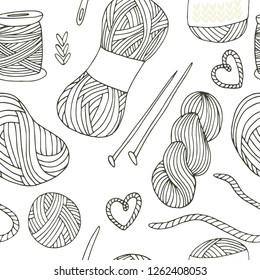 Knitting yarn balls seamless pattern in hand drawn style. For print, textile and creative design. Vector illustration. 