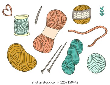 Knitting yarn balls set in hand drawn style. For print, logo, creative design. Vector illustration. Isolated on white