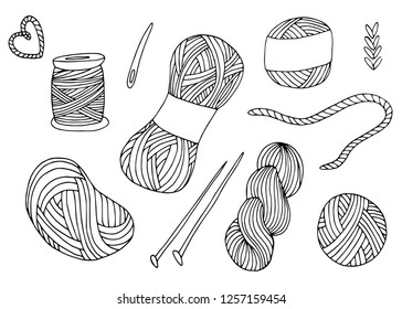 Knitting yarn balls set in hand drawn style. For print, logo, creative design. Vector illustration. Isolated on white