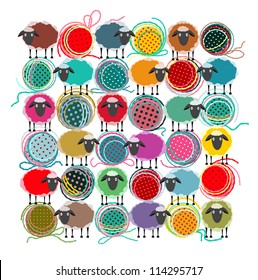  Knitting Yarn Balls and Sheep Abstract Square Composition. Vector EPS 8 graphic illustration of brightly colored yarn balls with sheep. All are layered and grouped to be simply used separately.