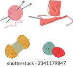 Knitting yarn balls, Yarn balls, wool colorful illustration. Knitted embroidered. Flat vector illustration on white background.