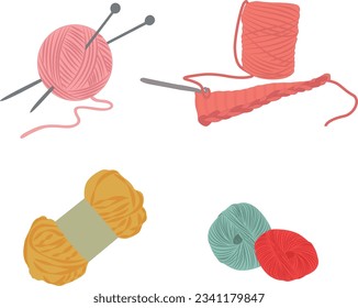 Knitting yarn balls, Yarn balls, wool colorful illustration. Knitted embroidered. Flat vector illustration on white background.