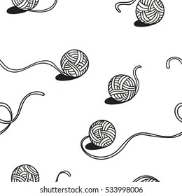 Knitting yarn black and white background. Set of balls of wool. Seamless vector pattern. Hand drawn style. Outline image. Perfect for textile design, wrapping, package and other. 