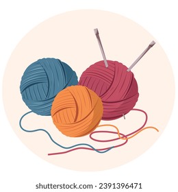 Knitting yarn color balls with needles. Cozy crafting hobby. Knitting.Flat cartoon illustration.