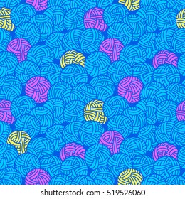 Knitting yarn colored background. Set of balls of wool. Seamless vector pattern. Hand drawn style. Perfect for any textile design, wrapping, package and other. 