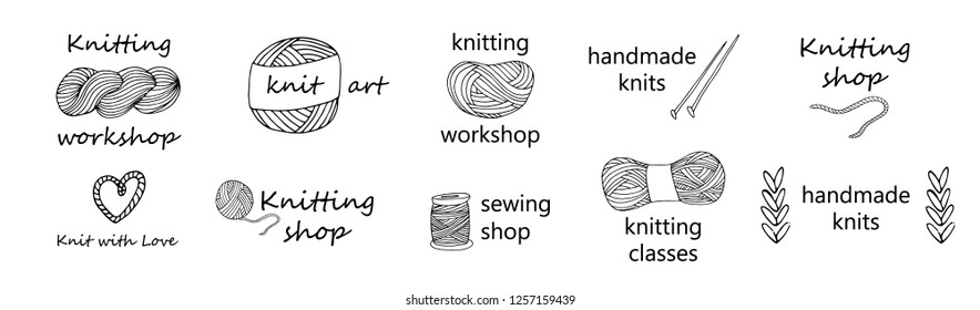 Knitting yarn logo set in hand drawn style. For shop, knitters snd creative design. Vector illustration. Isolated on white