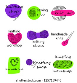 Knitting yarn logo set in hand drawn style. For shop, knitters snd creative design. Vector illustration. Isolated on white