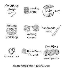 Knitting yarn logo set in hand drawn style. For shop, knitters snd creative design. Vector illustration. Isolated on white