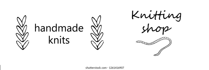 Knitting yarn logo set in hand drawn style. For shop, knitters snd creative design. Vector illustration. Isolated on white