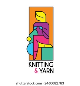 "Knitting and Yarn" - Plantilla de logotipo para tejidos de punto artesanales. Ilustración vectorial en línea plana técnica de una mujer sentada y tejiendo. 