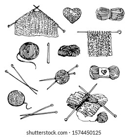 Knitting, yarn, needles and wool. Hand drawn black and white doodle collection icon set.