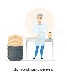 Knitting yarn production process flat color vector illustration. Male worker in laboratory. Manufacturing facility. Ropemaking. Factory employee. Isolated cartoon character on white background