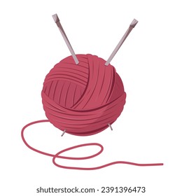 Knitting yarn red ball with needles. Cozy crafting hobby. Knitting.Flat cartoon illustration.
