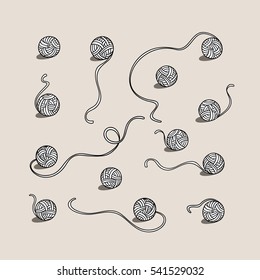 Knitting yarn. Set of balls of wool isolated on grey background. Black and white vector graphic elements. Hand drawn style illustration. Perfect for posters, wrapping, package, textile design.