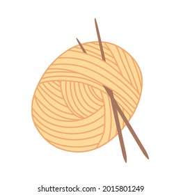 Knitting yarn yellow ball with needles on white background