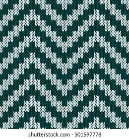 Knitting zigzag seamless vector pattern in muted hues of turquoise colors as a knitted fabric texture 