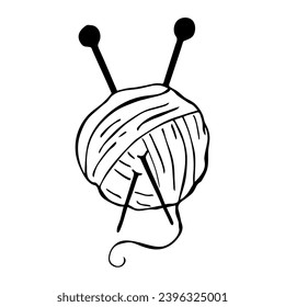 Knitting.Ball with knitting needles on an isolated background in doodle style.Vector illustration.
