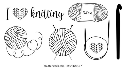 Knitting-themed doodle elements with yarn balls, knitting needles, and crochet hook