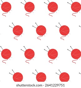 Knitting-themed seamless pattern with red yarn balls and needles. Perfect for handmade projects, fabric, and crafts.