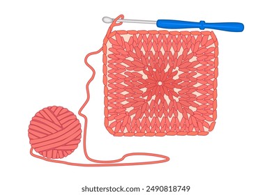 Knitwear, ball of yarn and crochet hook. Crochet handmade Granny square, pink yarn coil, hook. Hobby, needlework, homework. Tools for knitwork, andicraft, crocheting, hand-knitting.Vector illustration