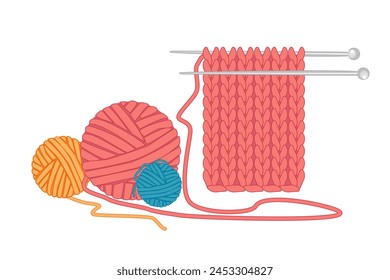 Knitwear, ball of yarn and needles isolated on white background. Symbol of hobby, needlework, homework. Tools for knitwork, andicraft, crocheting, hand-knitting. Stock vector illustration