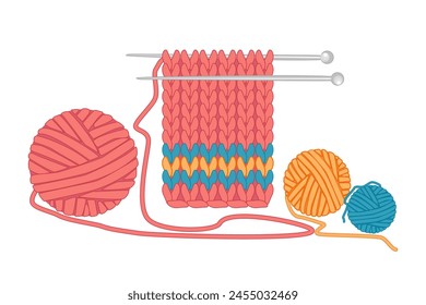 Knitwear, ball of yarn and needles isolated on white background. Symbol of hobby, needlework, homework. Tools for knitwork, andicraft, crocheting, hand-knitting. Stock vector illustration