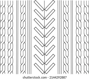 Knitwear Cable Stitch technical fashion illustration. Flat apparel cable template black and white colour. Cable stitch CAD mock-up.