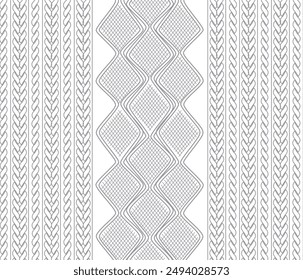 Knitwear Cable Stitch technical fashion illustration. Flat apparel cable template black and white colour. Cable stitch CAD mock-up.