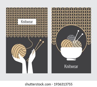 Knitwear. Graphic label design for your business. Hands with knitting and knitting needles.