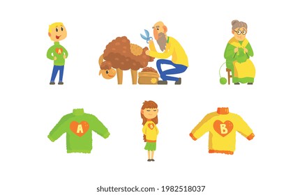 Knitwear Handmade Manufacturing Process with Sheep Shearing and Granny Knitting Sweater Vector Set