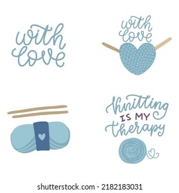 Knitwear heart, tangle, knitting needles, yarn. Knitted with love hand made crochet hobbies. Hand drawn vector illustration.