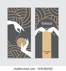 Knitwear, knitting. Graphic label design for your business. Hands with knitting and knitting needles.