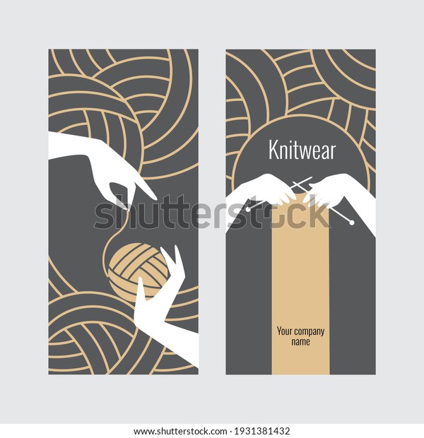 Knitwear, knitting.\
Graphic label design for your business. Hands with knitting and\
knitting needles.