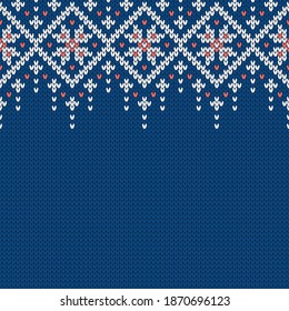 Knitwear pattern. Template with empty place for text. Traditional seasonal seamless background for holiday design. Winter knitted wool sweater pattern with snowflakes. Christmas vector illustration.