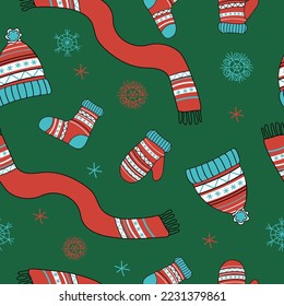 Knitwear pattern. Winter hat, scarf, mittens and socks with ornament. Vector seamless pattern. Knitting, handmade. Bright illustration , doodle style.