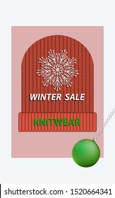Knitwear sale - knitted hat, snowflake, Christmas ball - isolated on white - vector.