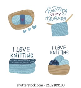 Knitwear sweater, tangles, knitting needles, yarn. I love knitting is my therapy. Knitted hand made crochet hobbies. Hand drawn vector illustration.