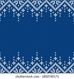 Kleiderstruktur. Vorlage mit leerer Textstelle. Traditioneller, saisonaler, nahtloser Hintergrund für Urlaubsdesign. Winterstrickwoll-Pullover mit Schneeflocken. Weihnachtsvektorgrafik.