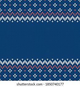 Textura de la ropa de punto. Plantilla con lugar vacío para texto. Tradicional fondo de temporada sin fisuras para el diseño de las vacaciones. Patrón de suéter de lana de punto de invierno. Ilustración vectorial de Navidad.