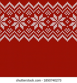 Knitwear texture. Template with empty place for text. Traditional seasonal seamless background for holiday design. Winter knitted wool sweater pattern with snowflakes. Christmas vector illustration.