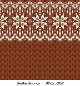Knitwear texture. Template with empty place for text. Traditional seasonal seamless background for holiday design. Winter knitted wool sweater pattern with snowflakes. Christmas vector illustration.