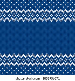 Knitwear texture. Template with empty place for text. Traditional seasonal seamless background for holiday design. Winter knitted wool sweater pattern. Christmas vector illustration.
