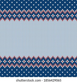 Knitwear texture. Template with empty place for text. Traditional seasonal seamless background for holiday design. Winter knitted wool sweater pattern. Christmas vector illustration.