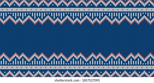 Textura de la ropa de punto. Plantilla con lugar vacío para texto. Tradicional fondo estacional para el diseño de las vacaciones. Patrón de suéter de lana sin soldadura de punto de invierno. Ilustración vectorial de Navidad.
