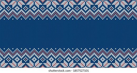 Knitwear texture. Template with empty place for text. Traditional seasonal seamless wide background for holiday design. Winter knitted sweater pattern with snowflakes. Christmas vector illustration.