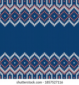 Knitwear texture. Template with empty place for text. Traditional seasonal seamless background for holiday design. Winter knitted wool sweater pattern. Christmas vector illustration.
