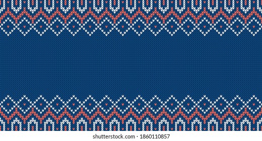 Knitwear texture. Template with empty place for text. Traditional seasonal wide background for holiday design. Winter knitted wool seamless sweater pattern. Christmas vector illustration.